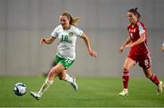 26 September 2023; Kyra Carusa of Republic of Ireland in action against Viktória Szabó of Hungary during the UEFA Women's Nations League B1 match between Hungary and Republic of Ireland at Hidegkuti Nándor Stadium in Budapest, Hungary. Photo by Stephen McCarthy/Sportsfile