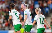 26 September 2023; Caitlin Hayes of Republic of Ireland is congratulated by team-mate Louise Quinn, 4, after scoring their side's first goal during the UEFA Women's Nations League B1 match between Hungary and Republic of Ireland at Hidegkuti Nándor Stadium in Budapest, Hungary. Photo by Stephen McCarthy/Sportsfile