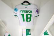 26 September 2023; The jersey of Kyra Carusa hangs in the Republic of Ireland dressing room before during the UEFA Women's Nations League B1 match between Hungary and Republic of Ireland at Hidegkuti Nándor Stadium in Budapest, Hungary. Photo by Stephen McCarthy/Sportsfile