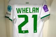 26 September 2023; The jersey of Emily Whelan hangs in the Republic of Ireland dressing room before during the UEFA Women's Nations League B1 match between Hungary and Republic of Ireland at Hidegkuti Nándor Stadium in Budapest, Hungary. Photo by Stephen McCarthy/Sportsfile