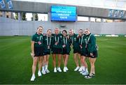 26 September 2023; Republic of Ireland players, from left, Kyra Carusa, Emily Whelan, Savannah McCarthy, Marissa Sheva, Éabha O'Mahony, Abbie Larkin and Izzy Atkinson before the UEFA Women's Nations League B1 match between Hungary and Republic of Ireland at Hidegkuti Nándor Stadium in Budapest, Hungary. Photo by Stephen McCarthy/Sportsfile