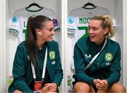 26 September 2023; Abbie Larkin and Saoirse Noonan of Republic of Ireland before the UEFA Women's Nations League B1 match between Hungary and Republic of Ireland at Hidegkuti Nándor Stadium in Budapest, Hungary. Photo by Stephen McCarthy/Sportsfile