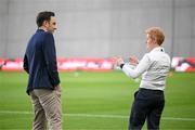 26 September 2023; Republic of Ireland interim head coach Eileen Gleeson and FAI director of football Marc Canham before the UEFA Women's Nations League B1 match between Hungary and Republic of Ireland at Hidegkuti Nándor Stadium in Budapest, Hungary. Photo by Stephen McCarthy/Sportsfile