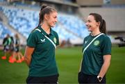 26 September 2023; Republic of Ireland physiotherapist Angela Kenneally and Caitlin Hayes before the UEFA Women's Nations League B1 match between Hungary and Republic of Ireland at Hidegkuti Nándor Stadium in Budapest, Hungary. Photo by Stephen McCarthy/Sportsfile