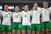 26 September 2023; Republic of Ireland players, from left, Lily Agg, Denise O'Sullivan, Tyler Toland, Diane Caldwell and Caitlin Hayes stand for the playing of the National Anthem before the UEFA Women's Nations League B1 match between Hungary and Republic of Ireland at Hidegkuti Nándor Stadium in Budapest, Hungary. Photo by Stephen McCarthy/Sportsfile
