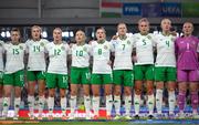 26 September 2023; Republic of Ireland players, from left, Lucy Quinn, Heather Payne, Lily Agg, Denise O'Sullivan, Tyler Toland, Diane Caldwell, Caitlin Hayes, Louise Quinn and goalkeeper Courtney Brosnan stand for the playing of the National Anthem before the UEFA Women's Nations League B1 match between Hungary and Republic of Ireland at Hidegkuti Nándor Stadium in Budapest, Hungary. Photo by Stephen McCarthy/Sportsfile