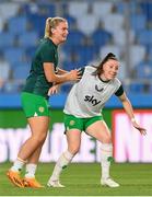 26 September 2023; Saoirse Noonan, left, and Lucy Quinn of Republic of Ireland warm up before the UEFA Women's Nations League B1 match between Hungary and Republic of Ireland at Hidegkuti Nándor Stadium in Budapest, Hungary. Photo by Stephen McCarthy/Sportsfile