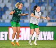 26 September 2023; Saoirse Noonan, left, and Lucy Quinn of Republic of Ireland warm up before the UEFA Women's Nations League B1 match between Hungary and Republic of Ireland at Hidegkuti Nándor Stadium in Budapest, Hungary. Photo by Stephen McCarthy/Sportsfile
