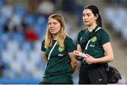 26 September 2023; Republic of Ireland physiotherapist Susie Coffey and equipment manager Orla Haran, left, before the UEFA Women's Nations League B1 match between Hungary and Republic of Ireland at Hidegkuti Nándor Stadium in Budapest, Hungary. Photo by Stephen McCarthy/Sportsfile