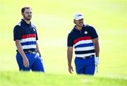 27 September 2023; Brooks Koepka, right, and Patrick Cantlay of USA during a practice round before the 2023 Ryder Cup at Marco Simone Golf and Country Club in Rome, Italy. Photo by Ramsey Cardy/Sportsfile