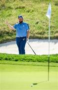 27 September 2023; Shane Lowry of Europe reacts to a bunker shot on the 16th hole during a practice round before the 2023 Ryder Cup at Marco Simone Golf and Country Club in Rome, Italy. Photo by Brendan Moran/Sportsfile