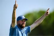 27 September 2023; Shane Lowry of Europe celebrates his tee shot on the 16th hole during a practice round before the 2023 Ryder Cup at Marco Simone Golf and Country Club in Rome, Italy. Photo by Brendan Moran/Sportsfile