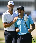 27 September 2023; Professional tennis player Novak Djokovic and Formula One driver Carlos Sainz during the All-Star Match before the 2023 Ryder Cup at Marco Simone Golf and Country Club in Rome, Italy. Photo by Brendan Moran/Sportsfile