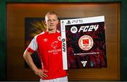 27 September 2023; Join the Club as EA SPORTS FC welcomes the SSE Airtricity League to FC 24! Featuring the individual club crest of all 10 Premier Division teams, these exclusive sleeves will be available to download free from https://www.ea.com/FC24 when the game launches worldwide this Friday, September 29th!. Pictured is Tom Grivosti of St Patrick's Athletic during the EA SPORTS FC 24 SSE Airtricity League Cover Launch at the Aviva Stadium in Dublin. Photo by Seb Daly/Sportsfile
