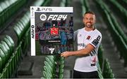 27 September 2023; Join the Club as EA SPORTS FC welcomes the SSE Airtricity League to FC 24! Featuring the individual club crest of all 10 Premier Division teams, these exclusive sleeves will be available to download free from https://www.ea.com/FC24 when the game launches worldwide this Friday, September 29th!. Pictured is Keith Ward of Dundalk during the EA SPORTS FC 24 SSE Airtricity League Cover Launch at the Aviva Stadium in Dublin. Photo by Seb Daly/Sportsfile