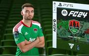 27 September 2023; Join the Club as EA SPORTS FC welcomes the SSE Airtricity League to FC 24! Featuring the individual club crest of all 10 Premier Division teams, these exclusive sleeves will be available to download free from https://www.ea.com/FC24 when the game launches worldwide this Friday, September 29th!. Pictured is Gordon Walker of Cork City during the EA SPORTS FC 24 SSE Airtricity League Cover Launch at the Aviva Stadium in Dublin. Photo by Seb Daly/Sportsfile