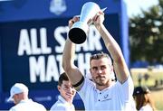 27 September 2023; Former professional footballer Gareth Bale celebrates with the trophy after the All-Star Match before the 2023 Ryder Cup at Marco Simone Golf and Country Club in Rome, Italy. Photo by Ramsey Cardy/Sportsfile