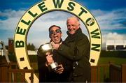 27 September 2023; Winning captain Frankie Dettori celebrates with the cup alongside losing captain Willie Mullins after the Barney Curley Cup at Bellewstown Racecourse in Meath. Photo by Eóin Noonan/Sportsfile
