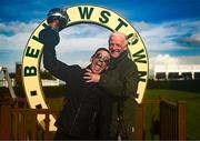 27 September 2023; Winning captain Frankie Dettori celebrates with the cup alongside losing captain Willie Mullins after the Barney Curley Cup at Bellewstown Racecourse in Meath. Photo by Eóin Noonan/Sportsfile