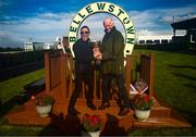 27 September 2023; Winning captain Frankie Dettori celebrates with the cup alongside losing captain Willie Mullins after the Barney Curley Cup at Bellewstown Racecourse in Meath. Photo by Eóin Noonan/Sportsfile