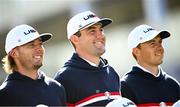28 September 2023; Sam Burns, left, Scottie Scheffler, centre, and Jordan Spieth of USA during a team photocall before the 2023 Ryder Cup at Marco Simone Golf and Country Club in Rome, Italy. Photo by Ramsey Cardy/Sportsfile