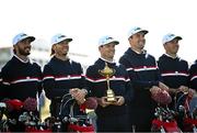 28 September 2023; Team USA, from left, Max Homa, Sam Burns, Zach Johnson, Scottie Scheffler and Jordan Spieth during a team photocall before the 2023 Ryder Cup at Marco Simone Golf and Country Club in Rome, Italy. Photo by Ramsey Cardy/Sportsfile