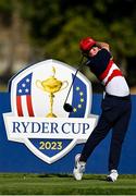 28 September 2023; Will Hartman of USA watches his tee shot on the ninth hole during the singles matches on day three of the Junior Ryder Cup at Marco Simone Golf and Country Club in Rome, Italy. Photo by Brendan Moran/Sportsfile