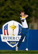28 September 2023; Sean Keeling of Europe watches his tee shot on the ninth hole during the singles matches on day three of the Junior Ryder Cup at Marco Simone Golf and Country Club in Rome, Italy. Photo by Brendan Moran/Sportsfile