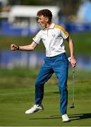 28 September 2023; Sean Keeling of Europe celebrates after levelling his match on the ninth green during the singles matches on day three of the Junior Ryder Cup at Marco Simone Golf and Country Club in Rome, Italy. Photo by Brendan Moran/Sportsfile