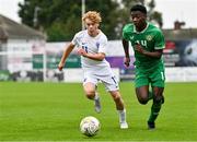 28 September 2023; Charles Akinrintoyo of Republic of Ireland in action against Niilo Siren of Finland during the U16 international friendly match between Republic of Ireland and Finland at Weavers Park in Drogheda, Louth. Photo by Tyler Miller/Sportsfile