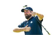 28 September 2023; Shane Lowry of Europe celebrates a putt by team-mate Sepp Straka on the 6th green during a practice round before the 2023 Ryder Cup at Marco Simone Golf and Country Club in Rome, Italy. Photo by Ramsey Cardy/Sportsfile