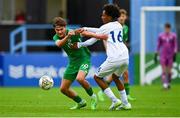 28 September 2023; Grady McDonnell of Republic of Ireland in action against Alex Ezingwa of Finland during the U16 international friendly match between Republic of Ireland and Finland at Weavers Park in Drogheda, Louth. Photo by Tyler Miller/Sportsfile