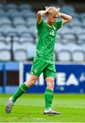 28 September 2023; Oskar Skoubo Keely of Republic of Ireland reacts after a missed opportunity on goal during the U16 international friendly match between Republic of Ireland and Finland at Weavers Park in Drogheda, Louth. Photo by Tyler Miller/Sportsfile