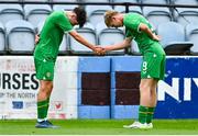 28 September 2023; Michael Noonan of Republic of Ireland, right, celebrates with team-mate Rory Finneran after scoring their side's first goal from a penalty during the U16 international friendly match between Republic of Ireland and Finland at Weavers Park in Drogheda, Louth. Photo by Tyler Miller/Sportsfile