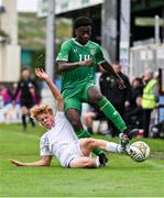 28 September 2023; Charles Akinrintoyo of Republic of Ireland is tackled by Niilo Siren of Finland during the U16 international friendly match between Republic of Ireland and Finland at Weavers Park in Drogheda, Louth. Photo by Tyler Miller/Sportsfile