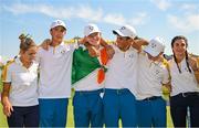 28 September 2023; The European team including Sean Keeling, centre, after the singles matches on day three of the Junior Ryder Cup at Marco Simone Golf and Country Club in Rome, Italy. Photo by Brendan Moran/Sportsfile