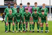 28 September 2023; The Republic of Ireland U16 team, back row, from left, Charles Akinrintoyo, Grady McDonnell, Oisin McDonagh, Alex Noonan, Sam Steward, Michael Noonan, with, front row, from left, Oskar Skoubo, Muhammad Oladiti, Max Kovalevskis, Finn Sherlock and Rory Finneran pose for a team photo before the U16 international friendly match between Republic of Ireland and Finland at Weavers Park in Drogheda, Louth. Photo by Tyler Miller/Sportsfile