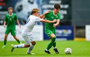 28 September 2023; Finn Sherlock of Republic of Ireland in action against Ossi Niemi of Finland during the U16 international friendly match between Republic of Ireland and Finland at Weavers Park in Drogheda, Louth. Photo by Tyler Miller/Sportsfile