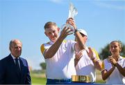 28 September 2023; Europe captain Stephen Gallacher lifting the trophy after the singles matches on day three of the Junior Ryder Cup at Marco Simone Golf and Country Club in Rome, Italy. Photo by Brendan Moran/Sportsfile