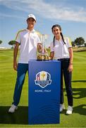 28 September 2023; Giovanni Binaghi, left, and Francesca Fiorellini of Europe with the trophy after the singles matches on day three of the Junior Ryder Cup at Marco Simone Golf and Country Club in Rome, Italy. Photo by Brendan Moran/Sportsfile
