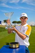28 September 2023; Connor Graham of Europe with the trophy after the singles matches on day three of the Junior Ryder Cup at Marco Simone Golf and Country Club in Rome, Italy. Photo by Brendan Moran/Sportsfile