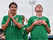 28 September 2023; Michael Noonan of Republic of Ireland, right, celebrates with team-mate Grady McDonnell after scoring their side's third goal during the U16 international friendly match between Republic of Ireland and Finland at Weavers Park in Drogheda, Louth. Photo by Tyler Miller/Sportsfile