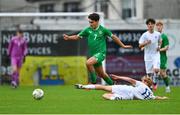 28 September 2023; Kian McMahon-Brown of Republic of Ireland is tackled by Niilo Siren of Finland during the U16 international friendly match between Republic of Ireland and Finland at Weavers Park in Drogheda, Louth. Photo by Tyler Miller/Sportsfile