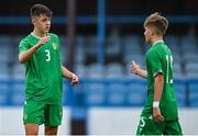 28 September 2023; Oisin McDonagh of Republic of Ireland, left, and team-mate Billy O'Neill after their side's victory in the U16 international friendly match between Republic of Ireland and Finland at Weavers Park in Drogheda, Louth. Photo by Tyler Miller/Sportsfile