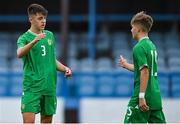 28 September 2023; Oisin McDonagh of Republic of Ireland, left, and team-mate Billy O'Neill after their side's victory in the U16 international friendly match between Republic of Ireland and Finland at Weavers Park in Drogheda, Louth. Photo by Tyler Miller/Sportsfile