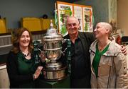 28 September 2023; Grandchildren of winning player Michael Brennan, from left, Deirdre Mulhern, Sean Brennan and Maria McMahon with the cup as descendants of Alton United receive the Sports Direct Men’s FAI Cup for the first time in Carrick Hill, Belfast on the 100th anniversary of the Club winning the Cup as the only Belfast team to win the competition in its history. Photo by David Fitzgerald/Sportsfile