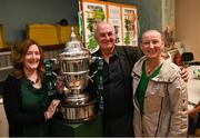 28 September 2023; Grandchildren of winning player Michael Brennan, from left, Deirdre Mulhern, Sean Brennan and Maria McMahon with the cup as descendants of Alton United receive the Sports Direct Men’s FAI Cup for the first time in Carrick Hill, Belfast on the 100th anniversary of the Club winning the Cup as the only Belfast team to win the competition in its history. Photo by David Fitzgerald/Sportsfile