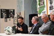 28 September 2023; Gavin White, League of Ireland communications executive, speaking as descendants of Alton United receive the Sports Direct Men’s FAI Cup for the first time in Carrick Hill, Belfast on the 100th anniversary of the Club winning the Cup as the only Belfast team to win the competition in its history. Photo by David Fitzgerald/Sportsfile