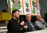 28 September 2023; Gavin White, League of Ireland communications executive, speaking as descendants of Alton United receive the Sports Direct Men’s FAI Cup for the first time in Carrick Hill, Belfast on the 100th anniversary of the Club winning the Cup as the only Belfast team to win the competition in its history. Photo by David Fitzgerald/Sportsfile