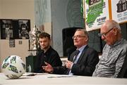 28 September 2023; Irish News Columnist Chris Donnelly speaking as descendants of Alton United receive the Sports Direct Men’s FAI Cup for the first time in Carrick Hill, Belfast on the 100th anniversary of the Club winning the Cup as the only Belfast team to win the competition in its history. Photo by David Fitzgerald/Sportsfile